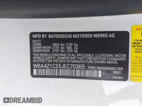 2018 BMW 4 Series 430i with VIN WBA4Z1C55JEC70365, listed as a IAAI auction lot 39579960 with 68,764 mi miles and . Bid and sale history available at DreamBid. Image 9.
