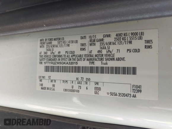 2016 Ford Transit Cargo with VIN 1FTYR2ZM5GKA32015, listed as a IAAI auction lot 42288362 with 227,261 mi miles and . Bid and sale history available at DreamBid. Image 9.