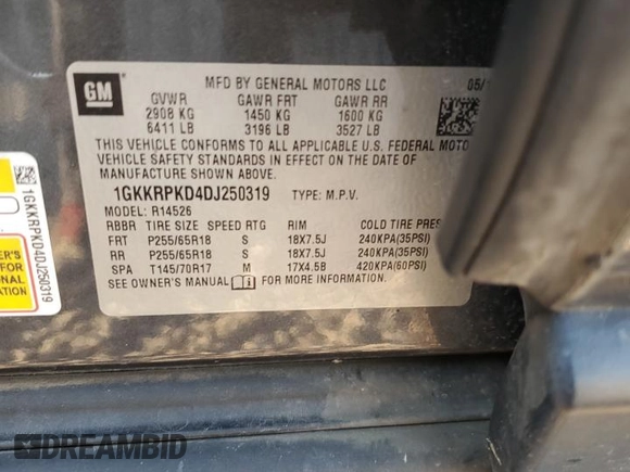 2013 GMC Acadia SLE with VIN 1GKKRPKD4DJ250319, listed as a Copart auction lot 46614325 with 213,919 mi miles and Salvage Title. Bid and sale history available at DreamBid. Image 12.