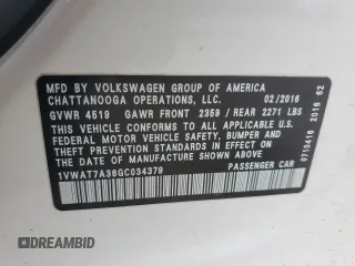 2016 Volkswagen Passat 1.8T S with VIN 1VWAT7A36GC034379, listed as a Copart auction lot 48956165 with 144,438 mi miles and Clean Title. Bid and sale history available at carsss.com. Image 12.