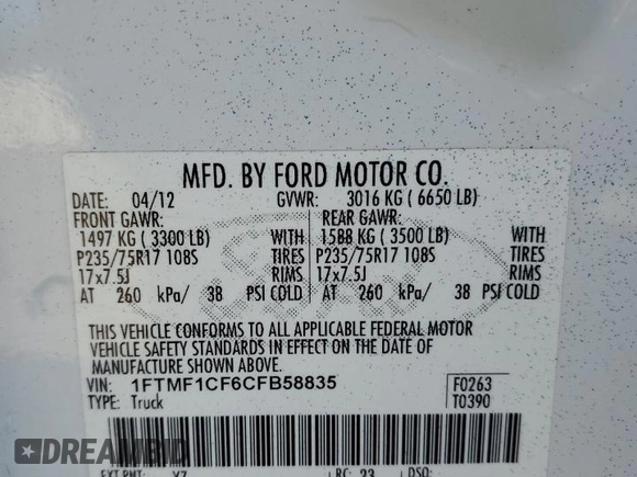 2012 Ford F-150 XL with VIN 1FTMF1CF6CFB58835, listed as a Copart auction lot 80748034 with 134,130 mi miles and Salvage Title. Bid and sale history available at carsss.com. Image 14.