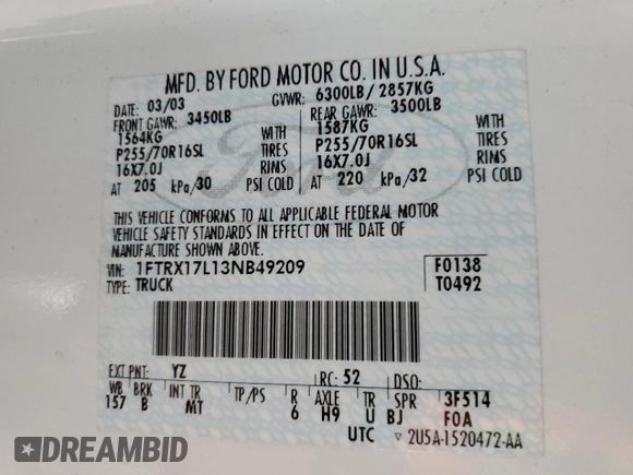 2003 Ford F-150 XL with VIN 1FTRX17L13NB49209, listed as a Copart auction lot 44453395 with 145,262 mi miles and Salvage Title. Bid and sale history available at carsss.com. Image 12.