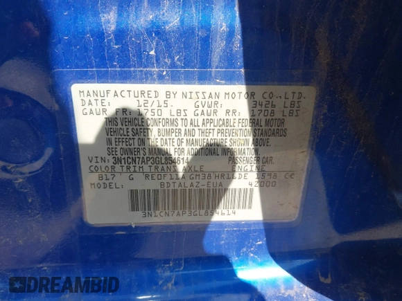 2016 Nissan Versa S с VIN 3N1CN7AP3GL854614, выставлен на аукционе IAAI как лот 42488420 с пробегом 170 343 миль миль и . История ставок и продаж доступна на DreamBid. Изображение 9.