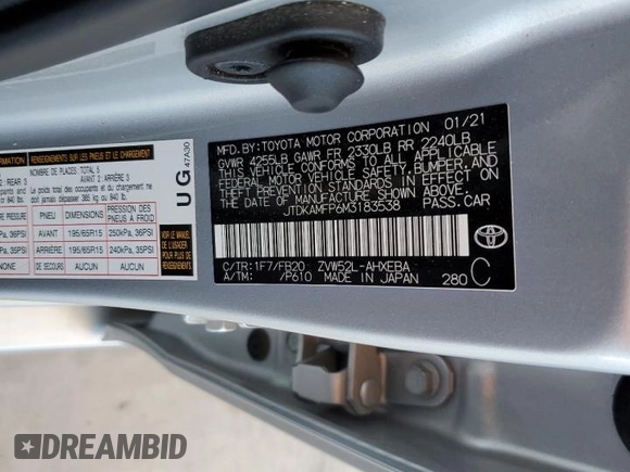 2021 Toyota Prius LE z VIN JTDKAMFP6M3183538, wystawiony jako Copart lot #54267425 z przebiegiem 29 374 mil mil oraz Szkoda całkowita • Salvage title. Historia ofert i sprzedaży dostępna na DreamBid. Obrazek 12.
