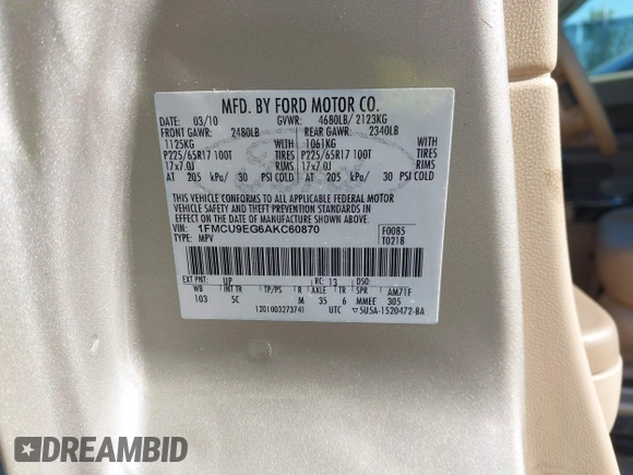 2010 Ford Escape Limited with VIN 1FMCU9EG6AKC60870, listed as a IAAI auction lot 42769384 with 83,839 mi miles and . Bid and sale history available at DreamBid. Image 9.