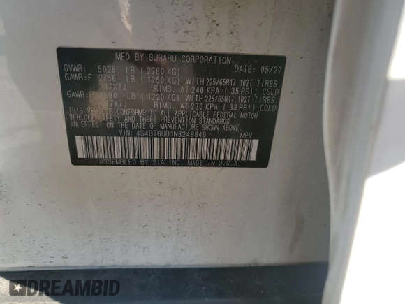 2022 Subaru Outback Wilderness with VIN 4S4BTGUD1N3249849, listed as a Copart auction lot 50905305 with 50,452 mi miles and Salvage Title. Bid and sale history available at DreamBid. Image 14.