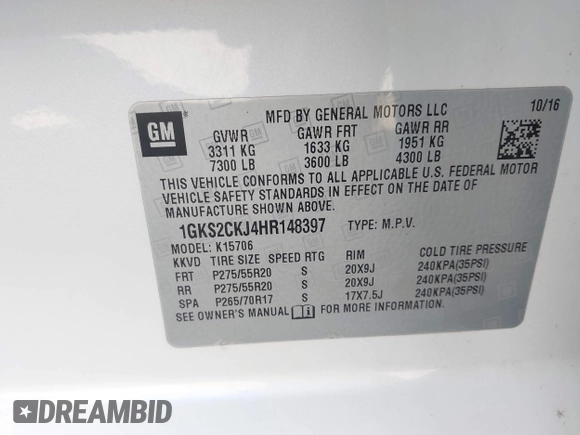 2017 GMC Yukon Denali with VIN 1GKS2CKJ4HR148397, listed as a IAAI auction lot 41942659 with 167,719 mi miles. Bid and sale history available at carsss.com. Image 9.