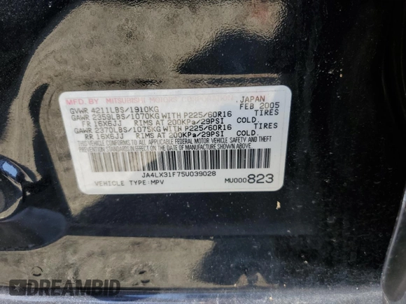 2005 Mitsubishi Outlander LS with VIN JA4LX31F75U039028, listed as a Copart auction lot 75226734 with 188,980 mi miles and Salvage Title. Bid and sale history available at carsss.com. Image 12.