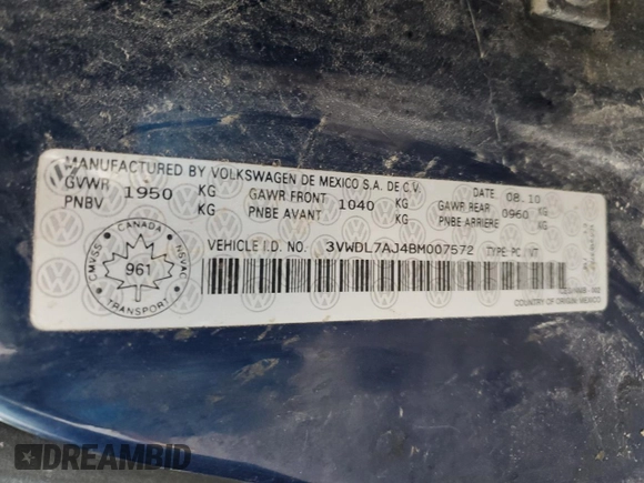 2011 Volkswagen Jetta Comfortline with VIN 3VWDL7AJ4BM007572, listed as a Copart auction lot 86758914 with 514,655 mi miles and Salvage title. Bid and sale history available at DreamBid. Image 12.