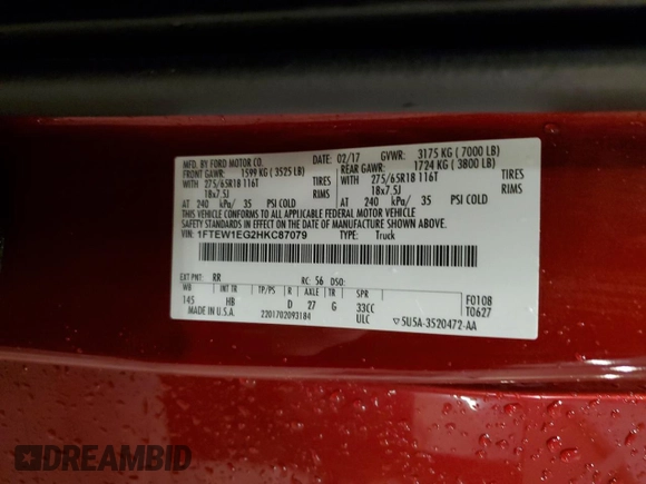 2017 Ford F-150 XL z VIN 1FTEW1EG2HKC87079, wystawiony jako Copart lot #57219895 z przebiegiem 108 852 mil mil oraz Szkoda całkowita • Salvage title. Historia ofert i sprzedaży dostępna na DreamBid. Obrazek 13.
