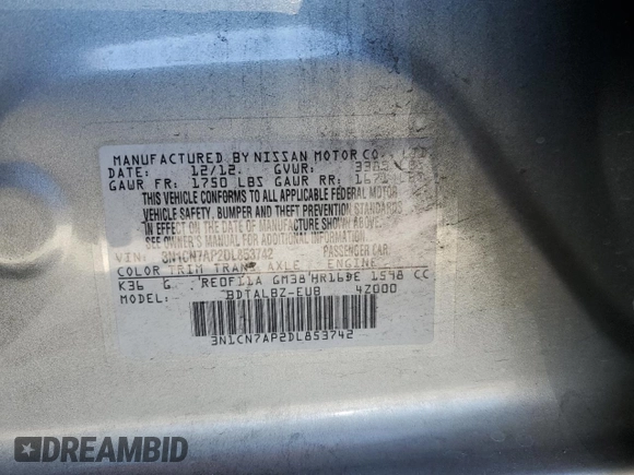 2013 Nissan Versa SV with VIN 3N1CN7AP2DL853742, listed as a Copart auction lot 60462615 with 75,587 mi miles and Salvage title. Bid and sale history available at DreamBid. Image 13.