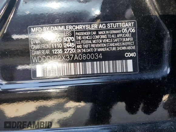 2007 Mercedes-Benz CLS-Class 5.5L with VIN WDDDJ72X37A080034, listed as a Copart auction lot 77105634 with 5,546 mi miles and Salvage Title. Bid and sale history available at carsss.com. Image 12.
