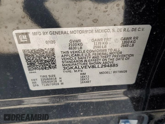 2020 GMC Terrain SLT с VIN 3GKALVEV8LL294885, выставлен на аукционе Copart как лот 63561515 с пробегом 42 316 миль миль и Списание • Salvage title. История ставок и продаж доступна на DreamBid. Изображение 13.