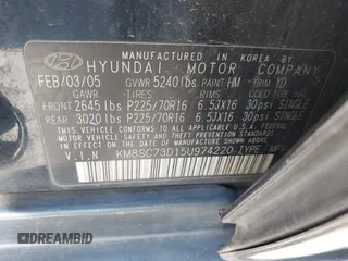 2005 Hyundai Santa Fe GLS с VIN KM8SC73D15U974220, выставлен на аукционе IAAI как лот 41514751 с пробегом 241 080 миль миль и . История ставок и продаж доступна на DreamBid. Изображение 9.
