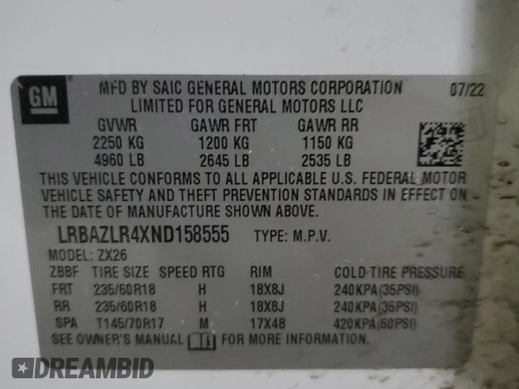 2022 Buick Envision Preferred with VIN LRBAZLR4XND158555, listed as a Copart auction lot 87536115 with Not Provided miles and Salvage Title. Bid and sale history available at carsss.com. Image 14.