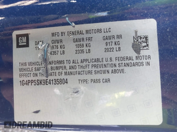 2014 Buick Verano with VIN 1G4PP5SK9E4135804, listed as a IAAI auction lot 42121881 with 106,800 mi miles. Bid and sale history available at carsss.com. Image 9.