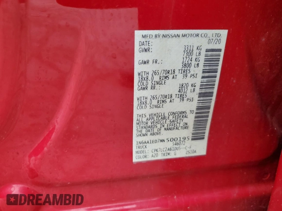 2021 Nissan Titan Pro-4X with VIN 1N6AA1ED7MN500195, listed as a Copart auction lot 56515535 with 88,826 mi miles and Salvage title. Bid and sale history available at DreamBid. Image 13.