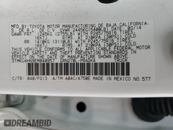 2014 Toyota Tacoma PreRunner with VIN 3TMKU4HN9EM040957, listed as a Copart auction lot 76579404 with 91,222 mi miles and Salvage title. Bid and sale history available at DreamBid. Image 12.
