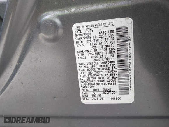 2020 Nissan Rogue S with VIN JN8AT2MT2LW036693, listed as a IAAI auction lot 42176450 with 101,642 mi miles and . Bid and sale history available at DreamBid. Image 9.