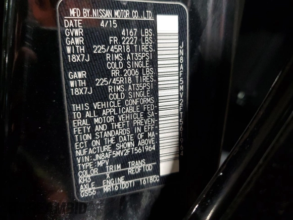 2015 Nissan Juke SV with VIN JN8AF5MV2FT561964, listed as a Copart auction lot 44040295 with 135,188 mi miles and Salvage Title. Bid and sale history available at DreamBid. Image 15.