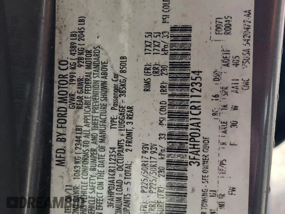 2012 Ford Fusion SEL with VIN 3FAHP0JA1CR112354, listed as a Copart auction lot 51140345 with 138,893 mi miles and Salvage Title. Bid and sale history available at DreamBid. Image 12.