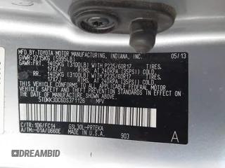 2013 Toyota Sienna LE AAS with VIN 5TDKK3DC6DS371126, listed as a IAAI auction lot 42006353 with 141,425 mi miles. Bid and sale history available at carsss.com. Image 9.