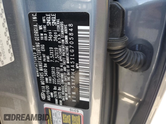 2020 Kia Sorento EX V6 with VIN 5XYPH4A51LG705848, listed as a Copart auction lot 51416754 with 45,666 mi miles and Salvage Title. Bid and sale history available at carsss.com. Image 12.