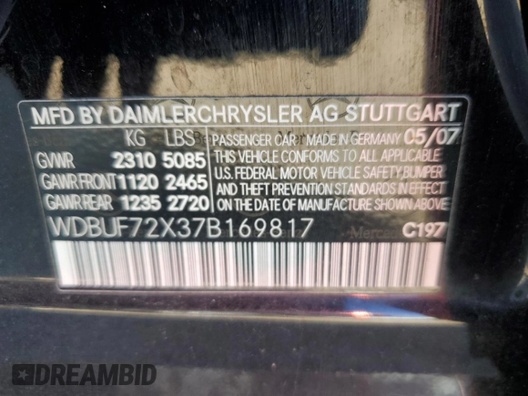 2007 Mercedes-Benz E 550 with VIN WDBUF72X37B169817, listed as a Copart auction lot 72327404 with 79,309 mi miles and Salvage Title. Bid and sale history available at DreamBid. Image 12.