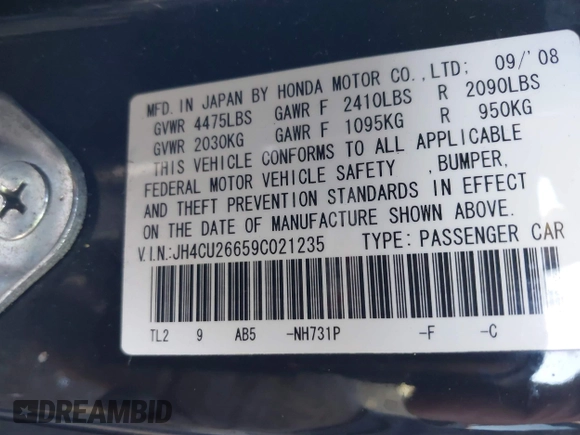 2009 Acura TSX with VIN JH4CU26659C021235, listed as a IAAI auction lot 42014591 with 201,036 mi miles. Bid and sale history available at carsss.com. Image 9.