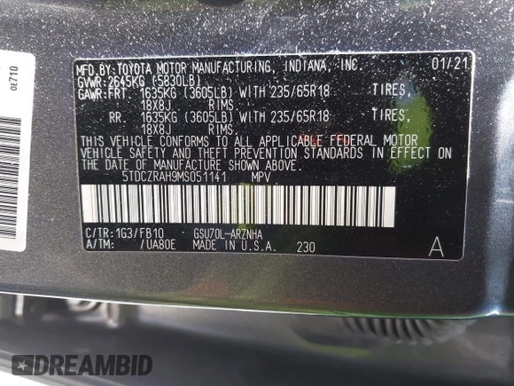 2021 Toyota Highlander L with VIN 5TDCZRAH9MS051141, listed as a IAAI auction lot 42228099 with 81,775 mi miles and . Bid and sale history available at DreamBid. Image 9.