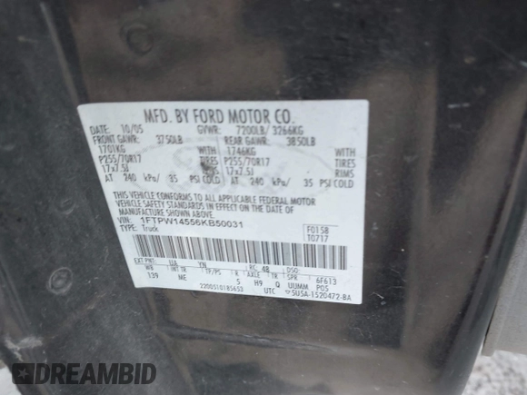 2006 Ford F-150 XLT с VIN 1FTPW14556KB50031, выставлен на аукционе IAAI как лот 42267041 с пробегом 279 571 миль миль и . История ставок и продаж доступна на DreamBid. Изображение 9.