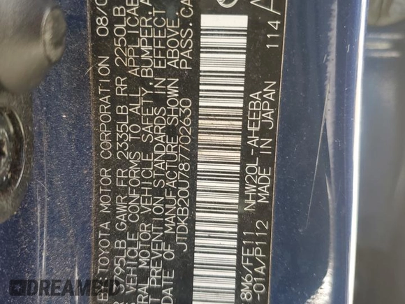 2008 Toyota Prius with VIN JTDKB20U787702630, listed as a Copart auction lot 53658645 with Not Provided miles and Clean Title. Bid and sale history available at DreamBid. Image 12.