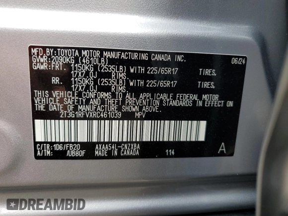 2024 Toyota RAV4 LE with VIN 2T3G1RFVXRC461039, listed as a Copart auction lot 65604044 with 1,201 mi miles and Salvage Title. Bid and sale history available at carsss.com. Image 12.
