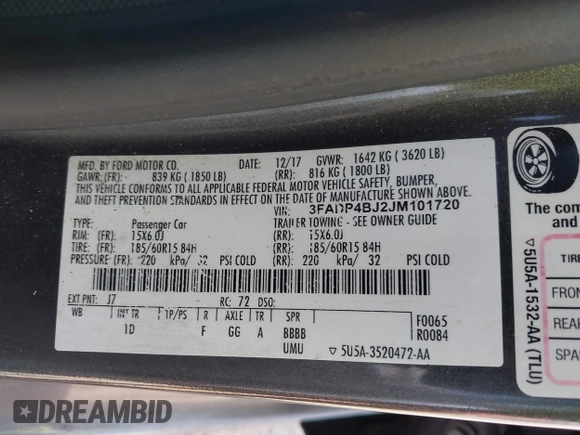 2018 Ford Fiesta SE with VIN 3FADP4BJ2JM101720, listed as a IAAI auction lot 42135936 with 122,061 mi miles. Bid and sale history available at carsss.com. Image 9.