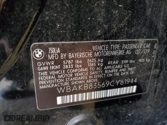 2009 BMW 7 Series 750Li с VIN WBAKB83569CY61944, выставлен на аукционе Copart как лот 53178575 с пробегом Не указан миль и Списание • Salvage title. История ставок и продаж доступна на DreamBid. Изображение 14.