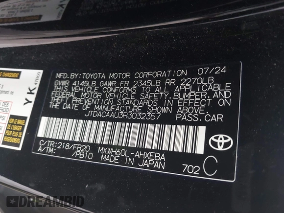 2024 Toyota Prius LE with VIN JTDACAAU3R3032357, listed as a IAAI auction lot 41914598 with 15,360 mi miles and . Bid and sale history available at DreamBid. Image 9.