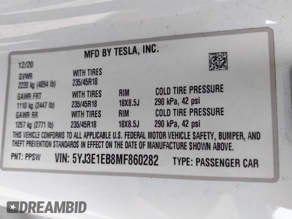 2021 Tesla Model 3 Long Range with VIN 5YJ3E1EB8MF860282, listed as a IAAI auction lot 41787008 with 49,730 mi miles and . Bid and sale history available at DreamBid. Image 9.