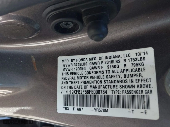 2015 Honda Civic Sedan LX with VIN 19XFB2F56FE008784, listed as a IAAI auction lot 41781528 with 176,718 mi miles. Bid and sale history available at carsss.com. Image 9.