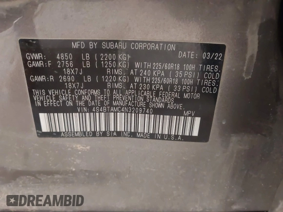 2022 Subaru Outback Limited with VIN 4S4BTAMC4N3209740, listed as a IAAI auction lot 41735657 with 32,903 mi miles and . Bid and sale history available at DreamBid. Image 9.
