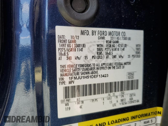 2013 Ford Expedition XLT z VIN 1FMJU1H51DEF13423, wystawiony jako Copart lot #60702695 z przebiegiem 228 355 mil mil oraz Szkoda całkowita • Salvage title. Historia ofert i sprzedaży dostępna na DreamBid. Obrazek 13.