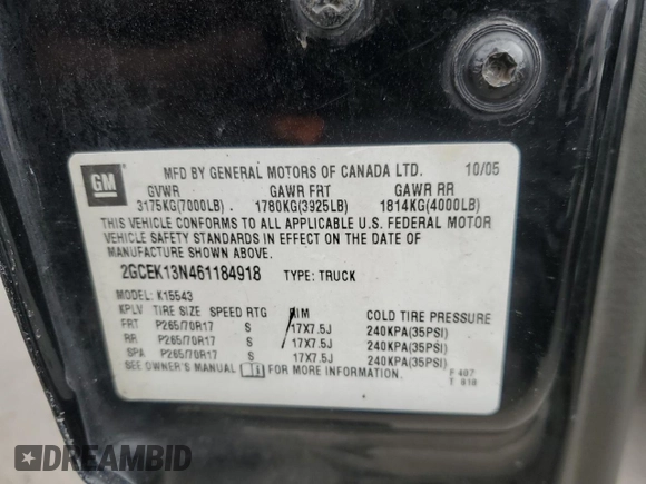 2006 Chevrolet Silverado 1500 LT1 with VIN 2GCEK13N461184918, listed as a Copart auction lot 89359865 with 162,605 mi miles and Salvage Title. Bid and sale history available at DreamBid. Image 12.