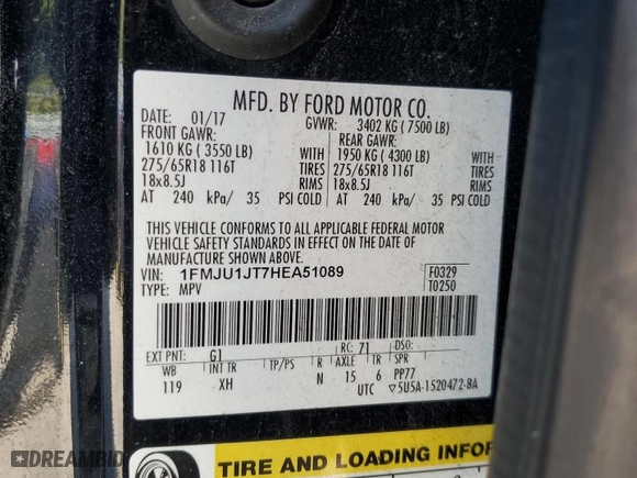 2017 Ford Expedition XLT with VIN 1FMJU1JT7HEA51089, listed as a Copart auction lot 51245295 with 115,971 mi miles and Salvage Title. Bid and sale history available at carsss.com. Image 14.