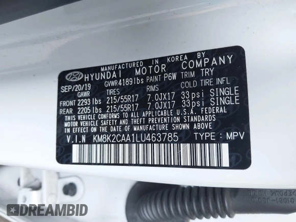 2020 Hyundai Kona SEL with VIN KM8K2CAA1LU463785, listed as a IAAI auction lot 40055542 with 58,258 mi miles. Bid and sale history available at carsss.com. Image 9.