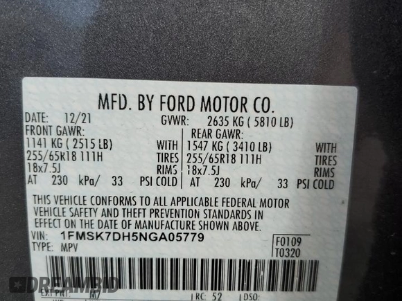 2022 Ford Explorer XLT z VIN 1FMSK7DH5NGA05779, wystawiony jako Copart lot #54621085 z przebiegiem 25 617 mil mil oraz Szkoda całkowita • Salvage title. Historia ofert i sprzedaży dostępna na DreamBid. Obrazek 13.