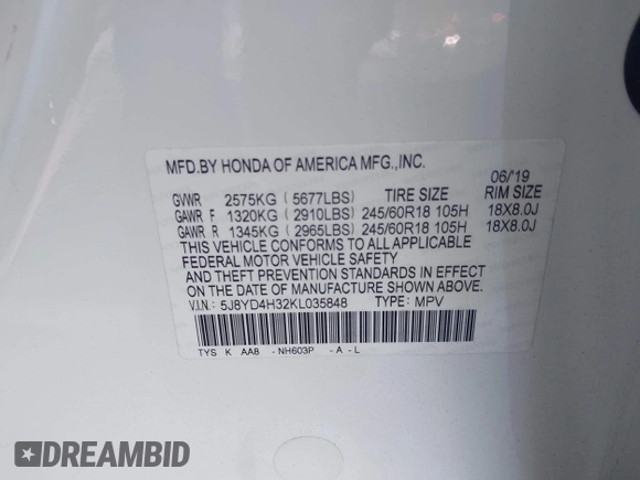 2019 Acura MDX with VIN 5J8YD4H32KL035848, listed as a IAAI auction lot 41334105 with 44,109 mi miles. Bid and sale history available at carsss.com. Image 9.