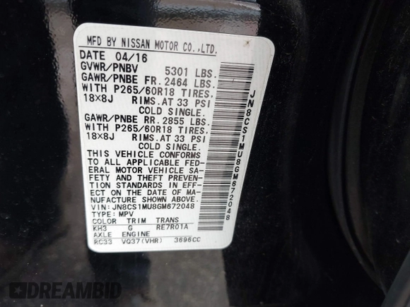 2016 Infiniti QX70 with VIN JN8CS1MU8GM672048, listed as a IAAI auction lot 41625197 with 94,317 mi miles and . Bid and sale history available at DreamBid. Image 9.