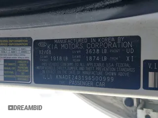 2009 Kia Rio LX with VIN KNADE243196500999, listed as a IAAI auction lot 41582717 with 119,877 mi miles. Bid and sale history available at carsss.com. Image 9.