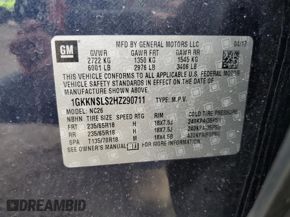 2017 GMC Acadia SLE with VIN 1GKKNSLS2HZ290711, listed as a Copart auction lot 46707165 with 94,180 mi miles and Salvage Title. Bid and sale history available at carsss.com. Image 13.
