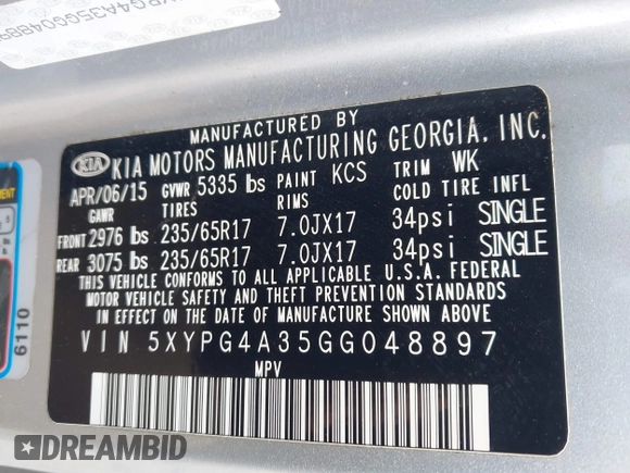 2016 Kia Sorento LX with VIN 5XYPG4A35GG048897, listed as a IAAI auction lot 41986578 with 161,157 mi miles. Bid and sale history available at carsss.com. Image 9.