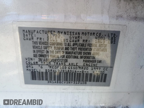 2022 Nissan Sentra SV with VIN 3N1AB8CV5NY312108, listed as a Copart auction lot 49661595 with Not Provided miles and Salvage Title. Bid and sale history available at carsss.com. Image 12.